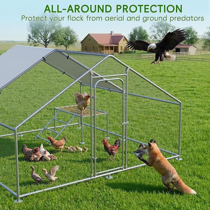 Large Metal Chicken Coop with Roosting Ladder, UV-Resistant and Waterproof Cover, Outdoor Walk-in Cage Hen House for Yard Farm Rabbit Duck Chicken Run, Spire Roof (13.1'W x 9.8'L x 6.4'H)
