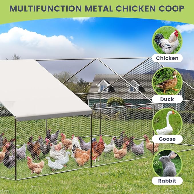19.7 Ft Large Chicken Runs for Yard with Cover, Large Metal Chicken Coop, Spire Roof Metal Chicken Coop with Lock for Outdoor, Backyard, Farm, Duck, Rabbit