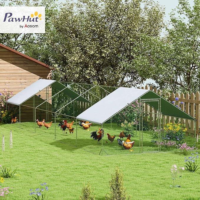 PawHut Large Chicken Coop Metal Chicken Run with Waterproof and Anti-UV Cover, Spire Shaped Walk in Fence Cage Hen House for Outdoor and Yard Farm Use, 1" Tube Diameter, 9.8' x 32.8' x 6.4'