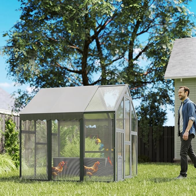 PawHut Large Chicken Run, Wooden Chicken Coop with Waterproof & Anti-UV Cover, Split Door, 2 Nesting Boxes, 2 Roosting Bars, Walk-in Poultry Pen for 6-8 Hens, for Backyard, Farm, 5.5' x 6' x 6'
