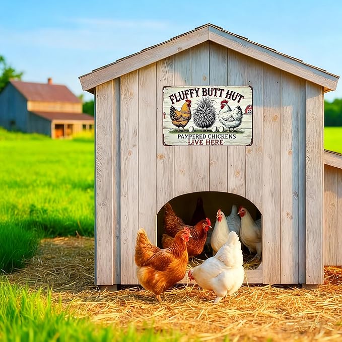 Funnysign Vintage Fluffy Butt Hut Pampered Chickens Live Here Chicken Tin Sign for Chicken Coop Farm Kitchen Garden Yard Decor 8x12 inch (3941)