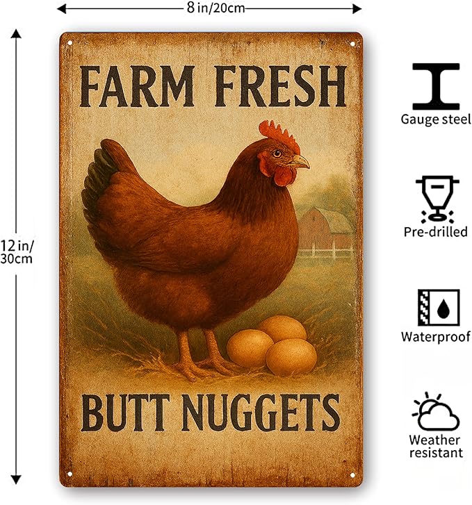 Funny Chicken Coop Metal Signs, Farm Fresh Butt Nuggets Sign, Chicken Mom Gifts for Women, Farmhouse Wall Art Decor for Barn, Garden, Outdoor, Kitchen - 8x12 Inch
