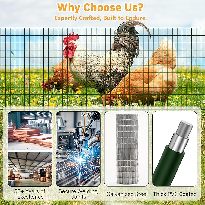 Green Metal Garden Fence, 72inch(H) x 50ft(L), 2 inch x 4 inch,12.5GA 2/3/4/5/6 Ft Tall Chicken Wire PVC Coated Welded Wire Mesh Roll for Dogs Border Yard Vegetable Plant Protection Poultry Netting
