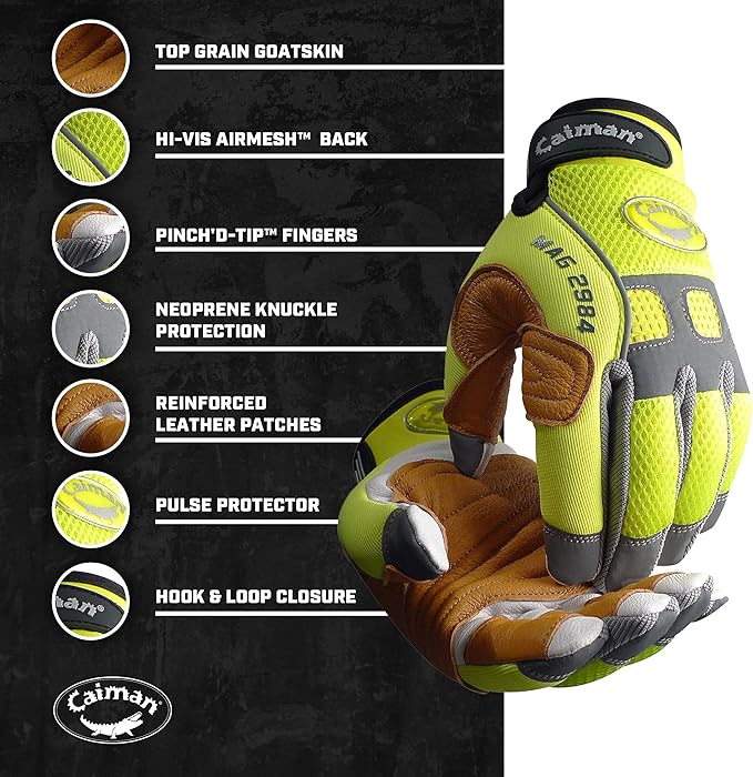 Caiman MAG, Multi-Activity Glove with Goat Grain Leather Patch Palm, Hi-Vis AirMesh Back, Pinch'd-Tip Fingers, Neoprene Knuckle, High-Vis Yellow/Gold, 2X-Large (2984-7)