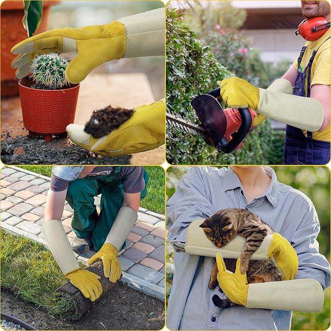 HANDLANDY Rose Pruning Gardening Gloves for Men Women, Thorn Proof Forearm Protection Leather Garden Gloves, Gardening Gifts for Gardeners (Butter Yellow, Large)