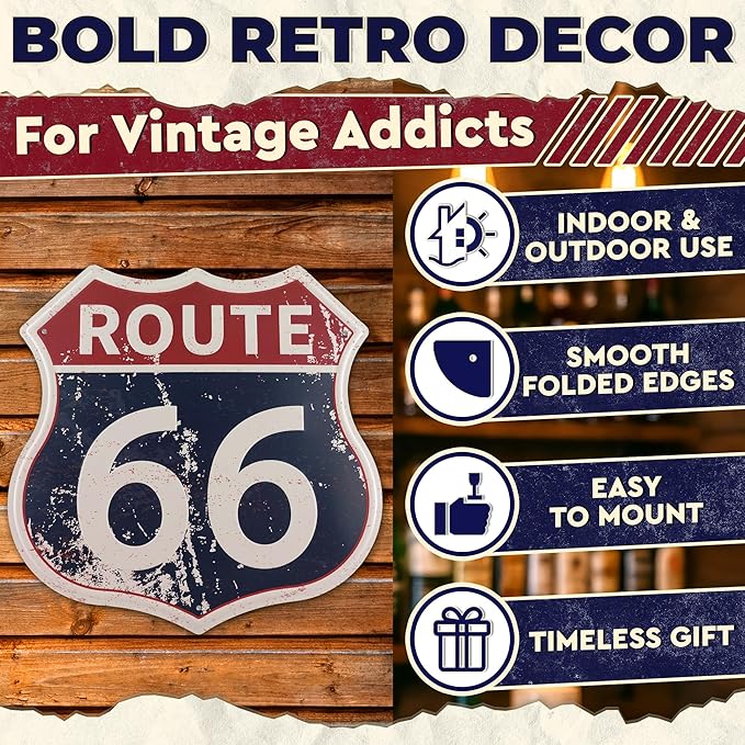 Route 66 Sign - Easy to Hang Tin Signs Vintage Style 12×12 Inch | Route 66 Decor For Bedroom, Man Cave, Garage, Workshop, Bar, Cafe - Retro Road Signs Cars Wall Decor for Gifting and Party Decoration