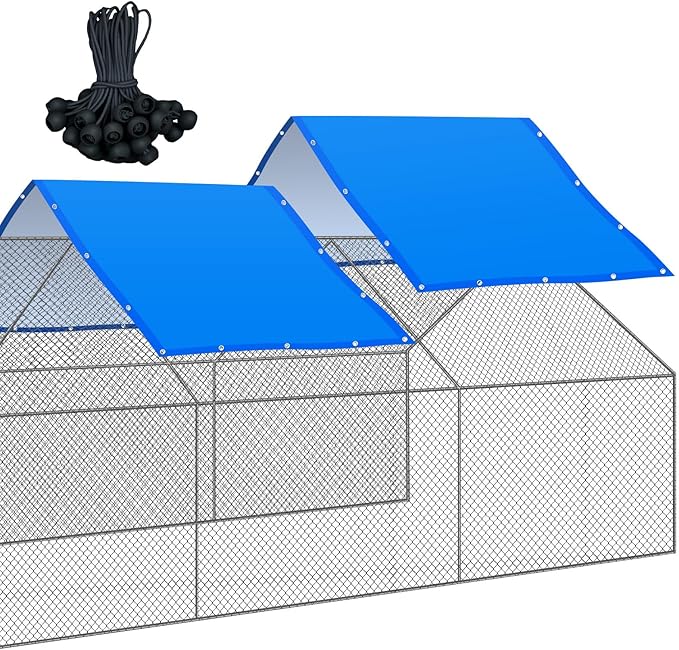 VitalCozy 2 Pcs Chicken Coop Cover Waterproof 11.5 x 6.6 ft Chicken Run Cover Coop Tarp Accessories for Winter with 50 Pcs Ball Bungees Cords for Outdoor (Blue)