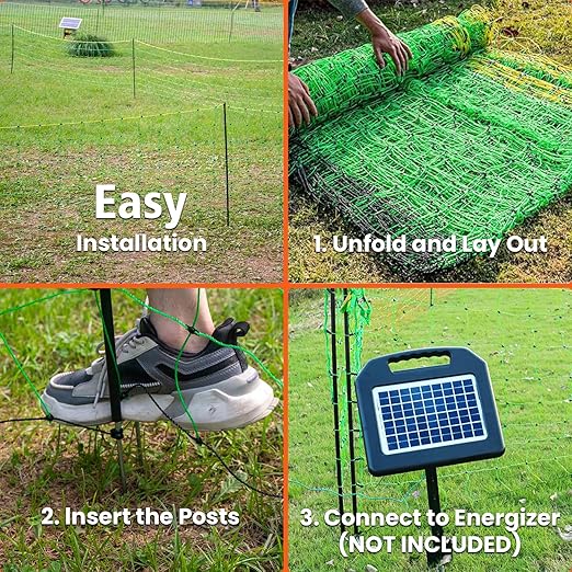 Poultry Netting Electric Fence, Electric Poultry Enclosure for Chickens, Ducks, Turkeys, 47.2" H x 164'L, PE Net Fencing Kit with Posts & Double-Spiked Stakes, Used in Backyards, Farms