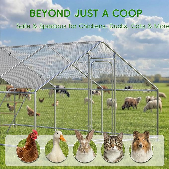 Large Metal Chicken Coop Run with Roosting Perch, Outdoor Waterproof & UV-Resistant Cover for Chickens, Ducks, Rabbits, Hens in Yard or Farm Use Spire Roof (13.1'Wx19.7'Lx 6.5'H)