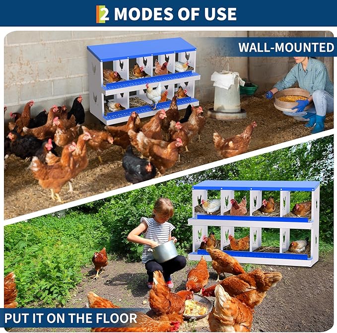 Chicken Nesting Boxes, 8-Hole Roll Away Nest Box for Chicken Coop, Metal Egg Laying Box with Perch & Lid Cover to Protect Eggs, Rollout Egg Collection, Vented Holes Blue