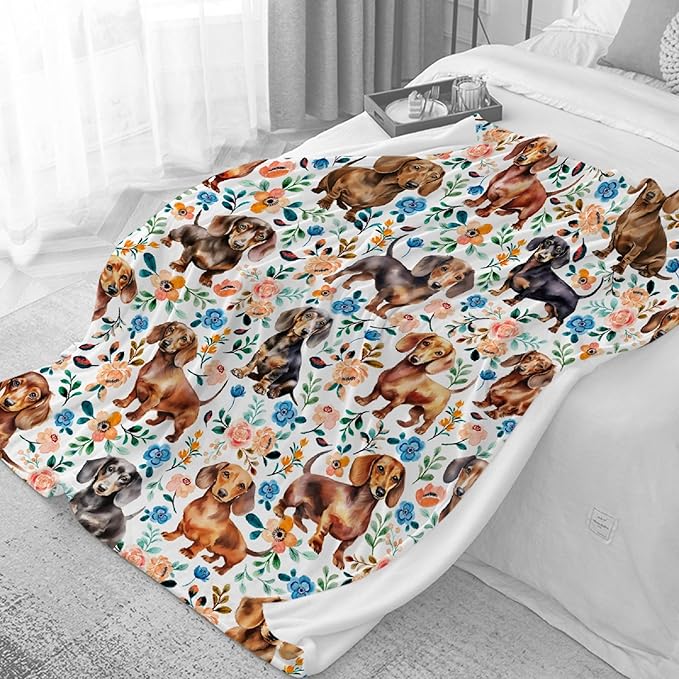 Dachshund Blanket for Women - Floral Wiener Dog Pattern Gift for Animal Lovers, Dachshund Decor, 50"x60" Teens/Travel Size