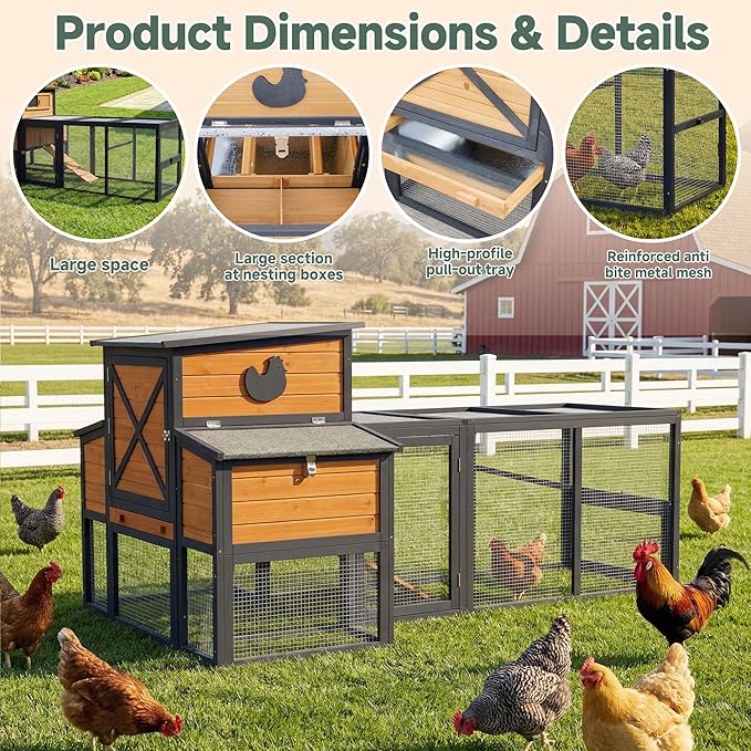 83" Large Wooden Chicken Coop with Run, Outdoor Chicken House for 4-6 Chickens, Ventilation Window & Sliding Doors, Waterproof Felt Roof, Easy-Clean Full Rear Door, Predator-Proof Latches