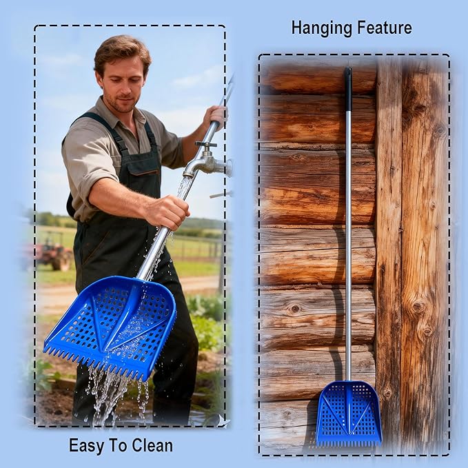 11.8inch Heavy Large 2-in-1 Chicken Poop Scooper & Rake,Adjustable Aluminum Handle（20–61"） Chicken Coop Scoop– Litter Scoop Sand & Sifting Shovel for Chicken Coops(Blue)