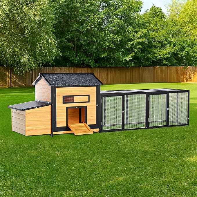 Large Wooden Chicken Coop Outdoor Hen House with Nesting Box，Walk-in Poultry Cage with Secure Locks, Metal Mesh Run for Backyard Farm Use (Black+Gold 118")