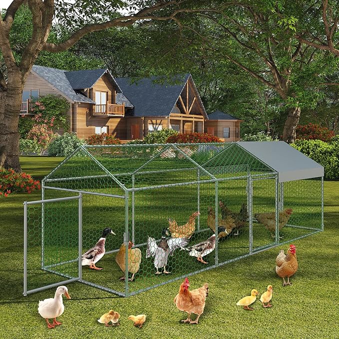 120"x 40"x 40" Large Metal Chicken Coop, Walk-in Chicken Run with Waterproof and Anti-UV Cover, Outdoor Poultry Cage with 3 Doors for Hen Rabbit Duck Goose, Sliver