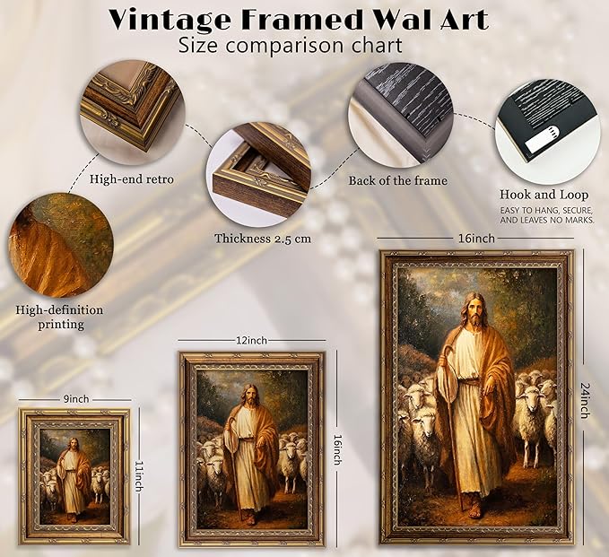 Vintage Gold Framed Wall Art Jesus and Lamb canvas wall decor Christian Jesus Sheep Oil Painting Prints Religious Shepherd Picture Poster Artwork for Home Living Room Bedroom Prayer Room 16x24in