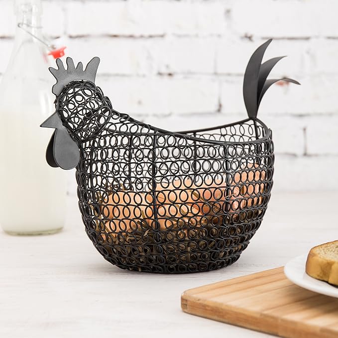MyGift Egg Holder Countertop, Chicken Shaped Wire Egg Gathering Basket, Farmhouse Home Decor Display Storage Collecting Basket, Black