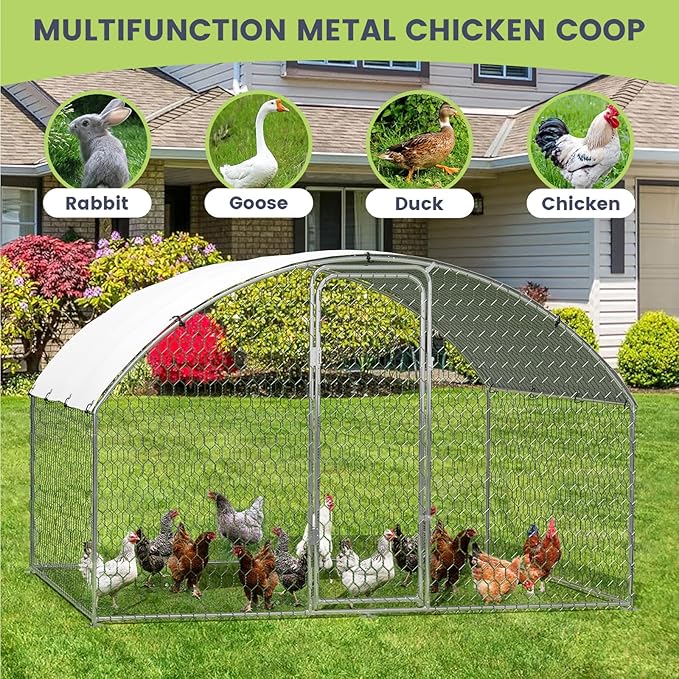 Large Metal Chicken Coop, Dome Roof Chicken Runs for Yard, Walk-in Poultry Cage with Waterproof and Anti-UV Cover, Chicken Pens for Outside Backyard Farm, 6.5 x 9.8 x 6.5 FT