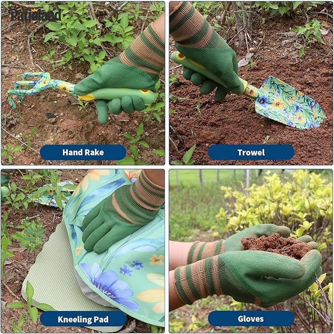 10-Piece Garden Tool Set – Green Floral Print Gardening Hand Tools with Non-Slip Handles, Heavy Duty Rust-Proof Aluminum Tools, Organizer Tote Bag, Ideal Gardening Gifts for Women & Grandma
