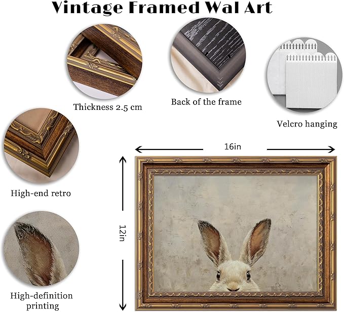 Vintage Gold Framed Wall Art Bunny canvas wall decor Easter Bunny Painting Prints Funny Rabbit Ears Picture Poster Retro Animals Artwork for Easter Decor Kids Room Home Living Bedroom 12x16in