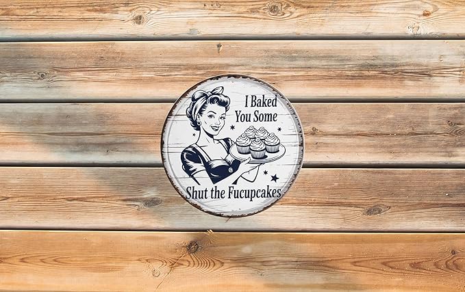 AWISZZZ Shut Up Cupcakes Metal Sign 8x8in Round Funny Plaque for Bakery Kitchen Wall Decor Baker Gift