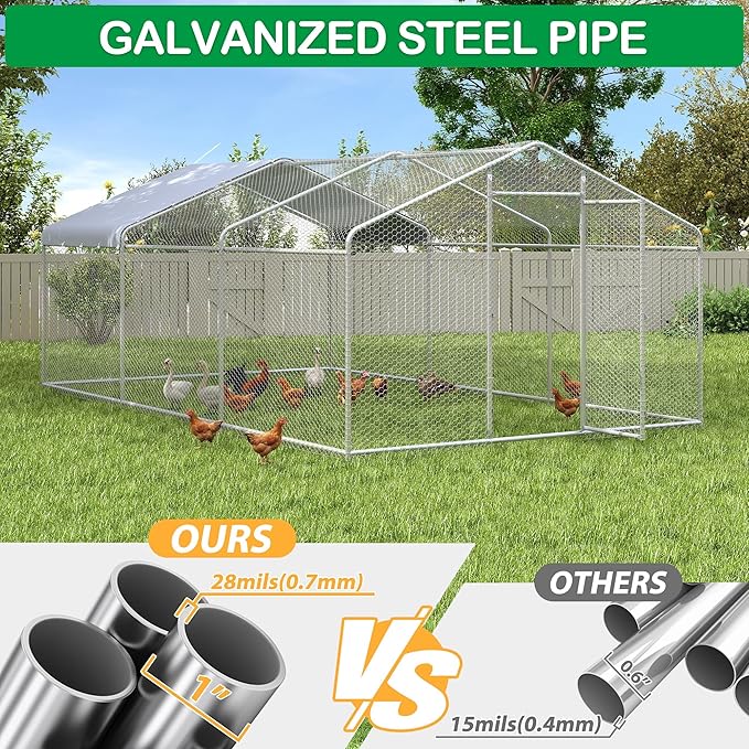 Large Metal Chicken Coop, Walk-in Chicken Run Pen with Waterproof Cover, Spire Roof Hen House Poultry Cage for Outdoor, Backyard, Farm(8.9x18.9 FT)