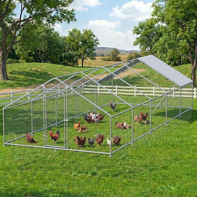 Large Metal Chicken Coop with Roosting Perch, Waterproof and UV Protection Cover, Chicken Run Outdoor Walk-in Cage Chicken Rabbit Duck House, Spire Roof (10'W x 32.8'L x 6.4'H)