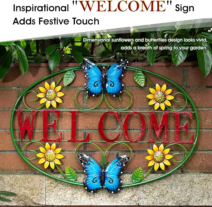 Glitzhome Metal Welcome Sign for Outdoor & Indoor - Rustic Farmhouse Wall Decor Sunflower & Butterfly Garden Art for Porch Patio Yard