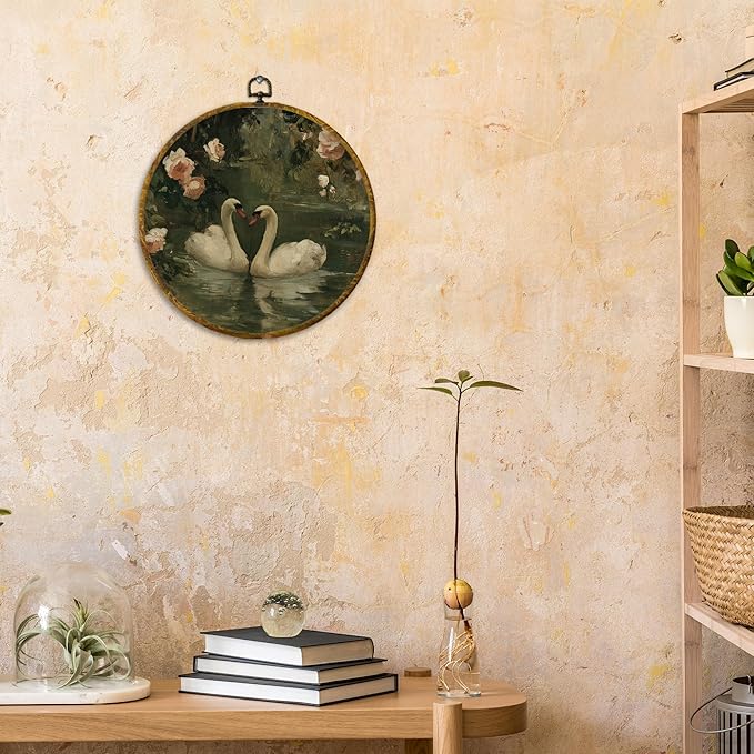 CUANFDDSF Vintage Floral Swan Round Wall Art, Classical Romantic White Swan Framed Hanging Wall Decor, Cottagecore Elegant Animal Canvas Prints Decorations for Home Bedroom Living Room, 10x10 Inch