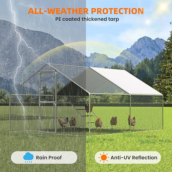 UDPATIO Large Metal Chicken Coop, Spacious Walk in Run Pen for 10-20 Chickens with Double Feed Door, UV-Resistant Cover, Galvanized Frame - Duck & Rabbit Hen House
