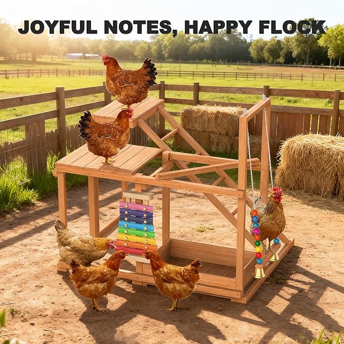 Chicken Perch with Swing, Chicken Roosting Bars, Wood Toy for 3-4 Birds, Hen Ladder & Activity Play, Chickens for Coop with Multiple Perches & Feeder, Suitable for Backyard Farm