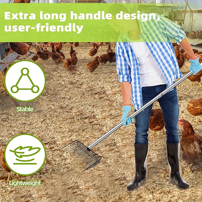 Jusoney 10" Stainless Steel Manure Scoop w/4-in-1 Adjustable Handle (35"-62"), Ergonomic Sifter Shovel for Chicken Coop, Cat Litter, Pet Waste Cleaning Tools
