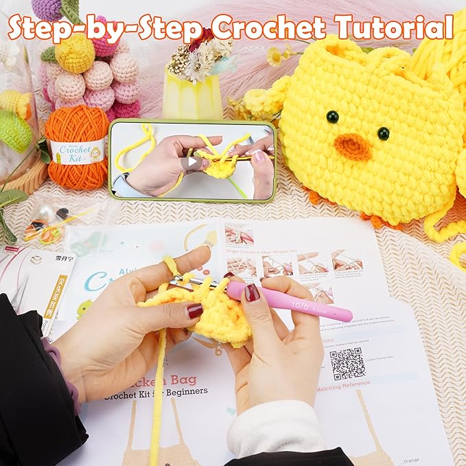 Alvian Easter Chick Crochet Kit for Beginners - Make Mini Chicken Crossbody Bags, Complete Knitting DIY Craft Kit with Yarn, Hook & Video Tutorial, Perfect Easter Basket Stuffer & Spring Activity