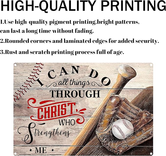 Funny Baseball Metal Poster for Boys Bedroom-I Can Do All Things Through Christ Who Strengthens Me Baseball Signs,Baseball Room Decor,Baseball Tin Sign Gifts Baseball Wall Art Decorations 8x12 Inch