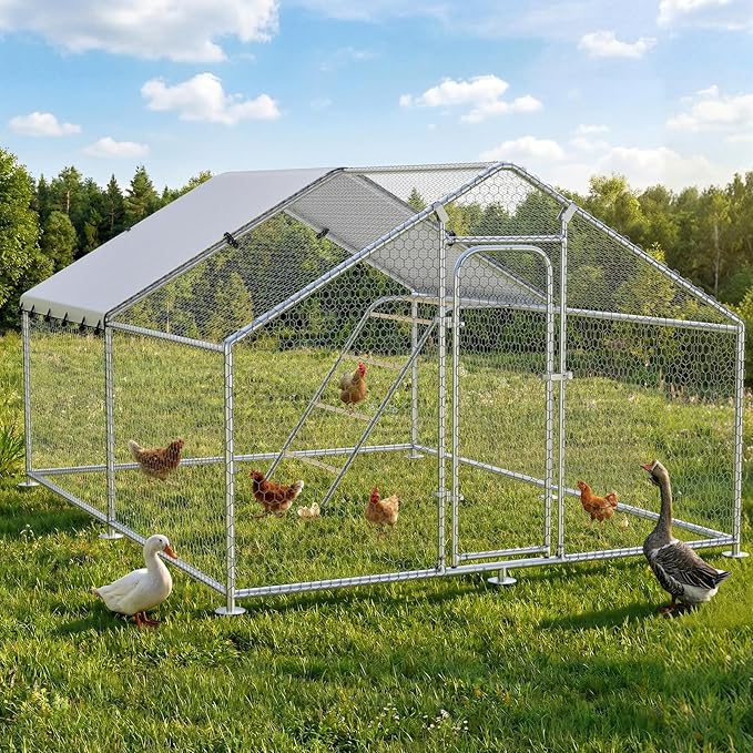 Large Metal Chicken Coop with Roosting Perch Walk-in Poultry Cage Chicken Run Pen Dog Kennel with Waterproof & Anti-Ultraviolet Cover for Outdoor Farm Use,Spire Roof(10'L x 13.2'W x 6.4'H)