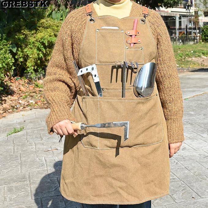 GREBSTK Work Apron Cross Back Adjustable Canvas Tool Apron for Woodworking, Gardening, Cooking