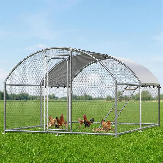 Large Metal Chicken Coop with Roosting Perch, Waterproof and UV-Resistant Cover,Outdoor Walk-in Cage Hen House for Yard Farm Rabbit Duck Chicken Run Dome Roof (10’ W x 13.2’ L x 6.4’ H)