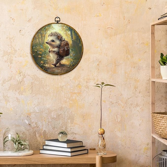 CUANFDDSF Nature Forest Hedgehog Round Wall Art, Cute Jungle Animal Framed Hanging Wall Decor, Cottagecore Forest Animal Canvas Prints Decorations for Home Bedroom Living Room, 10x10 Inch