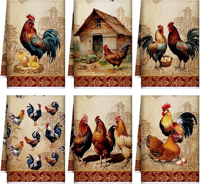 Bencailor 6 Pcs Farmhouse Kitchen Towels Chicken Rooster Kitchen Decor Farm Animal Hand Towels for Cooking Baking Housewarming Gift,15.75 x 23.62 inch(Golden Brown,Rooster)