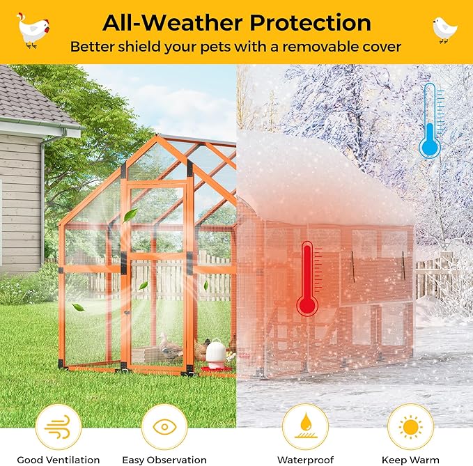 Extra Large Chicken Coop Run, Outdoor Wooden Chicken House Insulated with Waterproof Cover for Winter, 4 Nesting Boxes, Roosting Bars for 10-15 Chickens, Backyard, Farm, 9' x 6' x 6' (Orange)