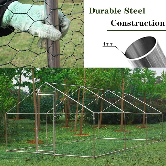 IchbinGo Large Metal Chicken Coop with Waterproof Cover, Walk-in Metal Poultry Cage Spire Shaped Chicken Coop Run, Chicken Run with Anti-UV Cover for Outdoor Backyard Farm (10' L x 20' W x 6.56' H)