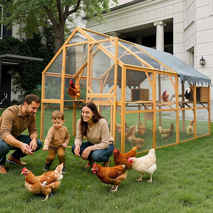 KEIKI 110"L Outdoor Large Chicken Coop with Waterproof Cover, Roosting Platform, Wire Mesh & 2 Lift Small Doors with Locks, Wood Chicken Coop House with Run for Cat Kitten Playpen, Duck, Rabbit, Quail