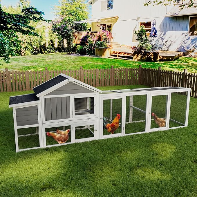 Large Wooden Chicken Coop Outdoor Hen House with Run, Waterproof Roof & Nesting Box, Secure Lock, Removable Tray, Ramp & Perch for 2–4 Chickens or Small Pets (Gray, 113.5")