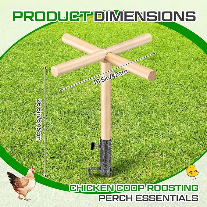 Chicken Perch Toy for Coop 16.54 x 17.72 Inch Wooden Chicken Perch Stand with Metal Ground Plug Chicken Coop Accessories Outdoor Poultry Playground Toys or Poultry Rooster Large Bird Parrot