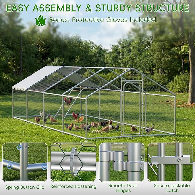 Large Metal Chicken Coop with Roosting Perch, Waterproof and UV Protection Cover, Chicken Run Outdoor Walk-in Cage Chicken Rabbit Duck Hen House for Yard Farm Use Spire Roof (10’ W x 26.2’ L x 6.4’ H)