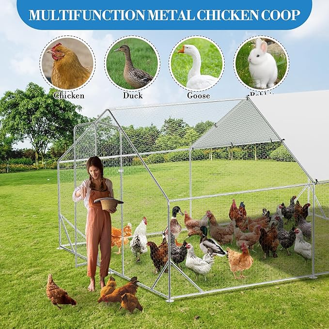 Large Metal Chicken Coop, Walk-in Poultry Cage, Chicken Run Pen House with Reinforcement & Waterproof & Anti-Ultraviolet Cover Chicken Coop Run with Double Lockable Doors for Outdoor 9.8 x13.1X 6.6ft