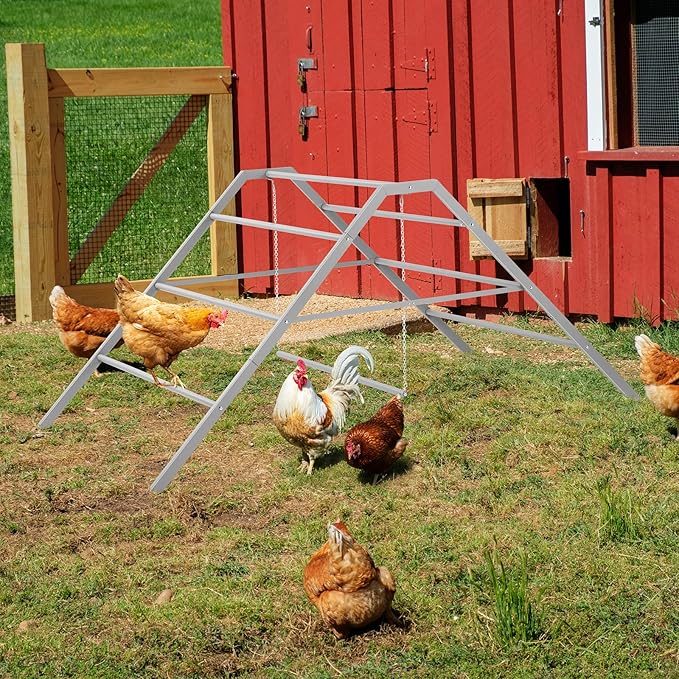 BTY Chicken Perch Metal Chicken Roosting Bar with Swing Chicken Roosting Ladder for Coop, Backyard Poultry, Farm, Fit for 10-12 Chickens, Grey