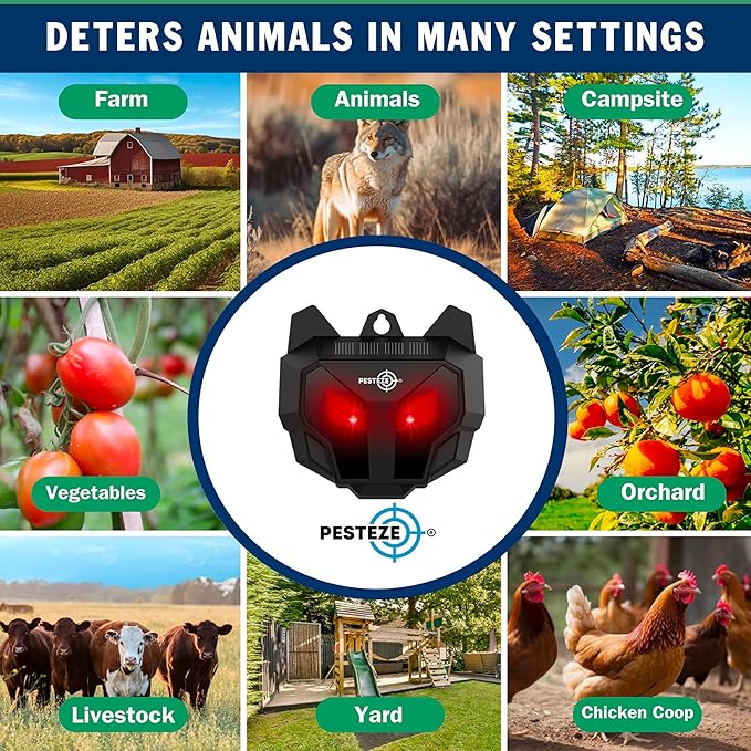 2 Pack PESTEZE Reusable Solar Nocturnal Animal Repeller. Flashing Red Light Deters Unwanted Animals Like Skunk, Deer, Coyote, Fox, Wolf, Rabbitt, Raccoon & Birds to Protect Property & Livestock