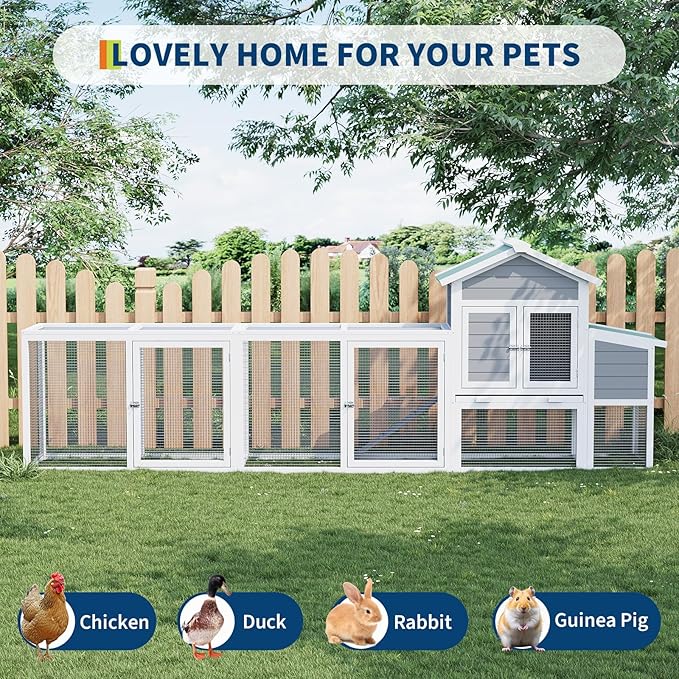 Large Chicken Cage with Waterproof and UV-Resistant Roof, 122" Wooden Chicken Coop with Nesting Box, Sliding Tray & Ramp, Hen House Poultry Cage for Backyard, Farm