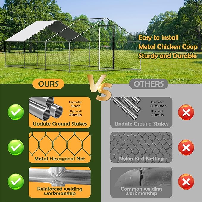 Metal Chicken Coop with Cover for Yard Large Walk-in Chicken Runs for 30 Chickens with Galvanized Steel Frame for Outdoor Heavy Duty Spire Roof Poultry Cage for Hen Duck Rabbits Goose Puppy